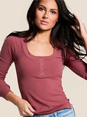 Free People Intimately Mauve Long Sleeve Henley Top NWT Size M/L Crushed Berry